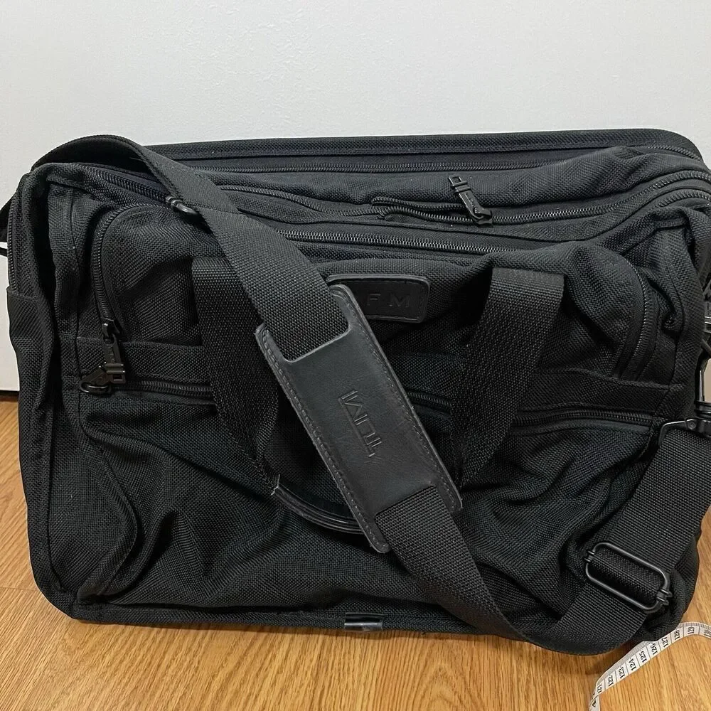 TUMI black nylon full zip messenger expander portfolio crossbody briefcase bag